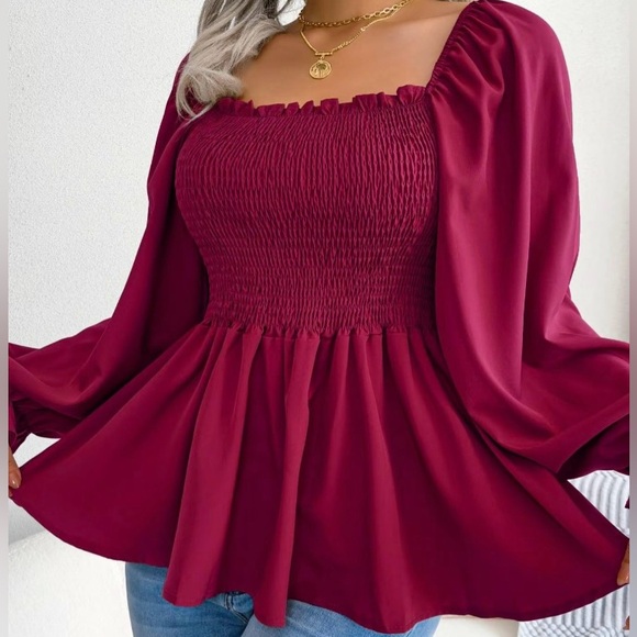 A26 Square Neck Smocked Blouse Flounced Long Sleeve Maroon Puff Sleeve sz Small - Picture 5 of 15